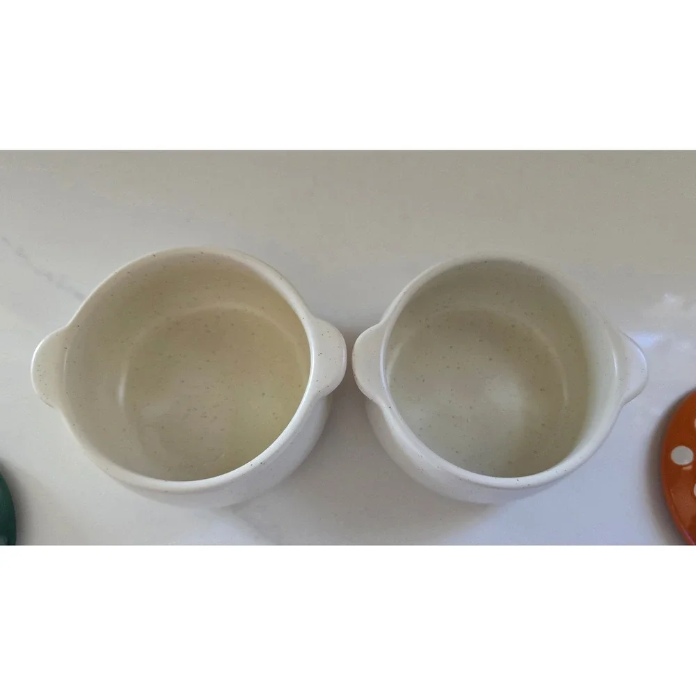 World Market Mushroom Ceramic Ramekin Set Green Orange Polka Dot Lids Set of 2